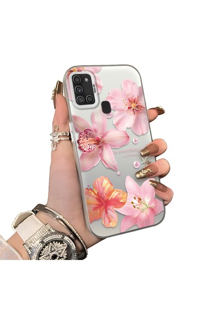 Samsung Galaxy A21S Compatible Hard Acrylic Back Silicone Edge Lens Protection Case Lily Pattern