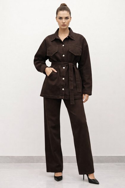 Women's Belden Belt in Oversized Denim Jacket and Trousers Set – Bitter Brown