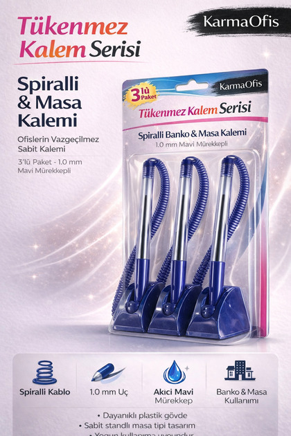 Spiralli Banko & Masa Kalemi | 1.0 mm Mavi Mürekkepli Sabit Standlı Ofis Kalemi | 3 Adet