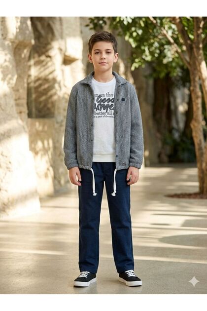 09-14 Years Old Jacket-Trousers-Long Sleeve Sweat Suit - Navy-White
