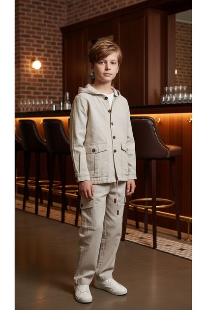09-14 Years Linen Piece Hooded Set - Beige