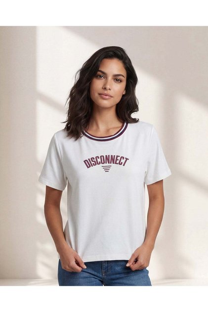 Women Ivory Ringer T-Shirt with Contrast Neck Detail