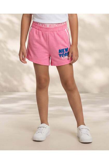 Girls Pink Placement Print Slub Terry Shorts