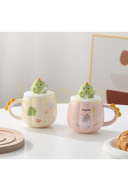 3D Dinosaur Figured Ceramic Mug with Lid and Straw Special Design Cute Coffee Cup - Yellow