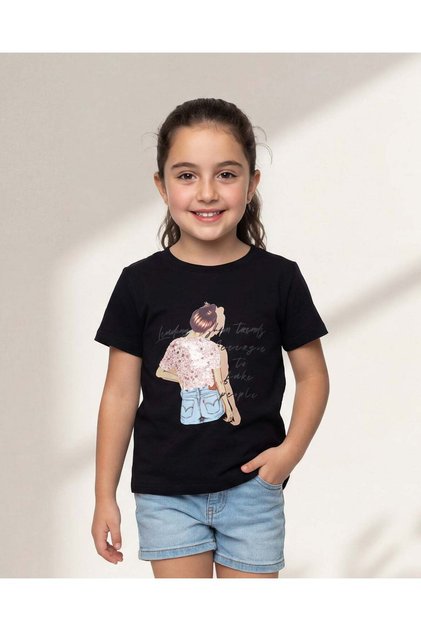 Girls Black Embellished T Shirt