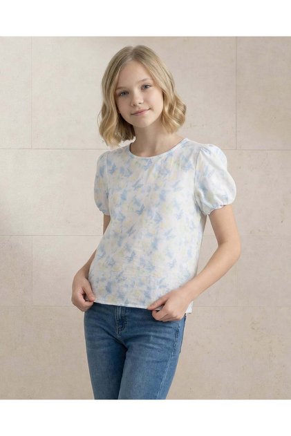 Senior Girls Light Blue Butterfly Print Puff Sleeve Blouse