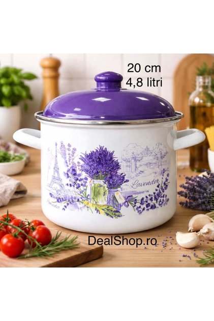 Oală emailată 20 cm, 4,8 litri cu capac – Model lavandă mov – Oală înaltă pentru supă, bulion și tocăniță