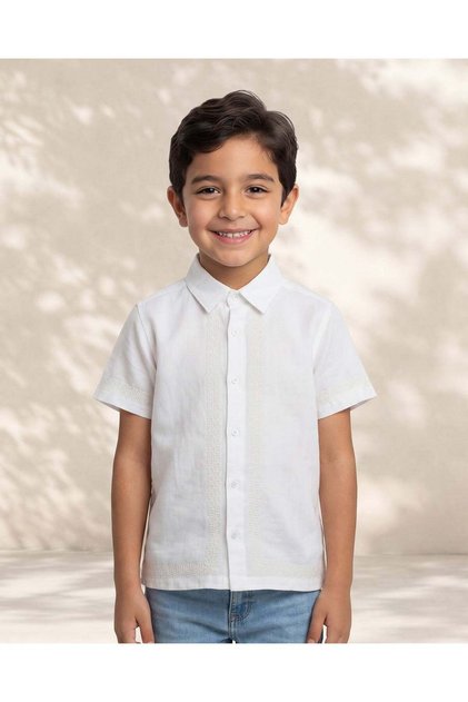 Boys White Resort Collar Embroidery Short Sleeve Shirt