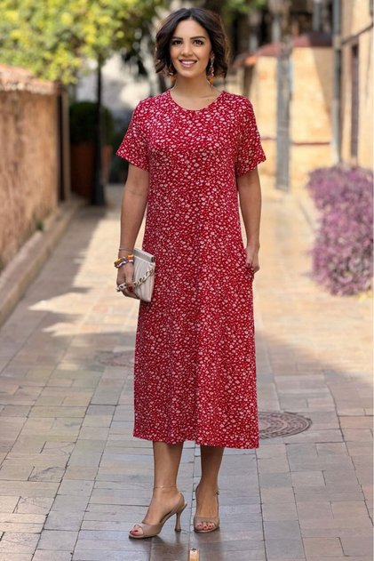 Red Crispy Floral Print Combed Cotton Dress - P1