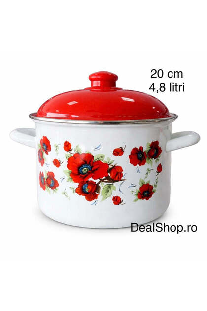 Oală emailată cu capac 20 cm, 4,8 litri, model maci roșii – oală mare, design floral,
