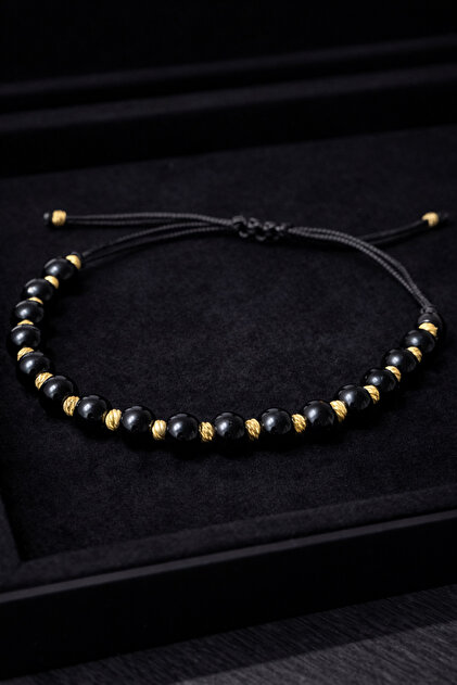 Brățară cu Șnur Reglabil, Mărgele Negre Tip Cristal, Accente Aurii, Elegantă Premium, Unisex