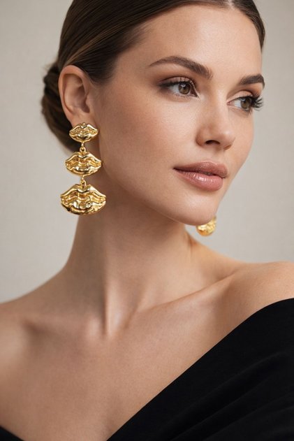 Young Gold Color Triple Lip Figure Earrings