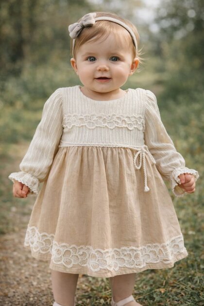 Tarz Çocuk Baby Girl Beige Lace Detailed Long Sleeve Dress 9-24 Months