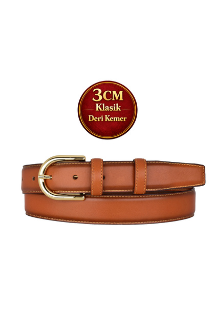 Genuine Leather , 3 cm Gold Color Buckled , Tan, Stitched Classic Women's Belt I, 3Cmkla22