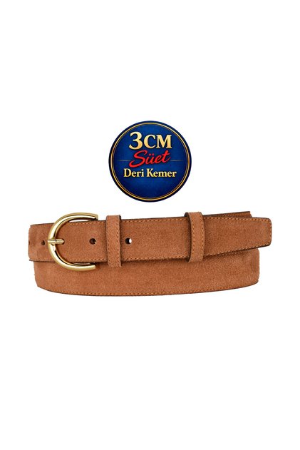 Genuine Leather , 3 cm Gold Color Buckled , Cinnamon Suede , Stitched Classic Women's Belt I, 3Cmkla02