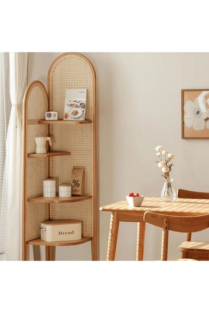 Masif Ahşap Hazeranlı Kemerli Köşe Rafı Kitaplık ve Dekoratif Stand