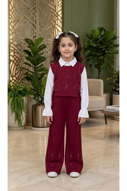 Girl's White Shirt, Sweater with Tie-Detail Stone Detail on the Side, and Pants 3-Piece Set - Holiday Set