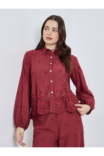 Women Burgundy Schiffli Long Sleeve Shirt
