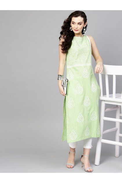Green Sleeveless Printed Chambray Kurta
