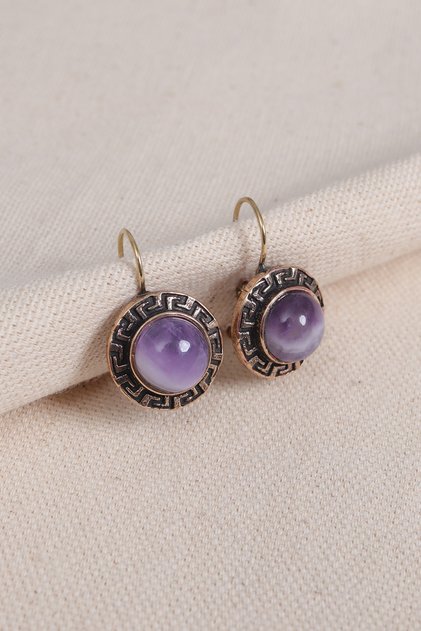 Authentic Earrings with Amethyst Stone and Greek Figures