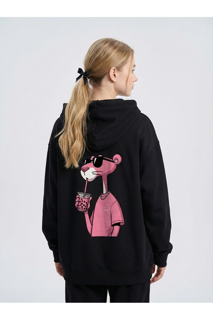 Oversized Pink Panther Printed Black Hoodie
