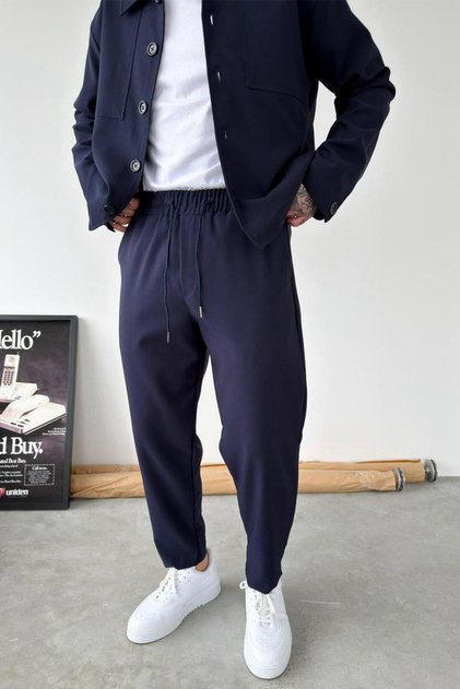 Navy Blue Basic Boyfriend Fabric Trousers