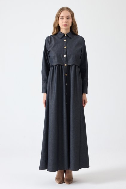 Buttoned Front Denim Dress - Gray