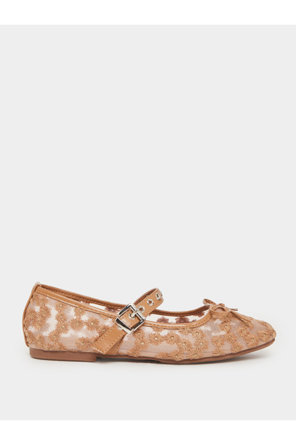 Beige Floral Embroidered Ballerina