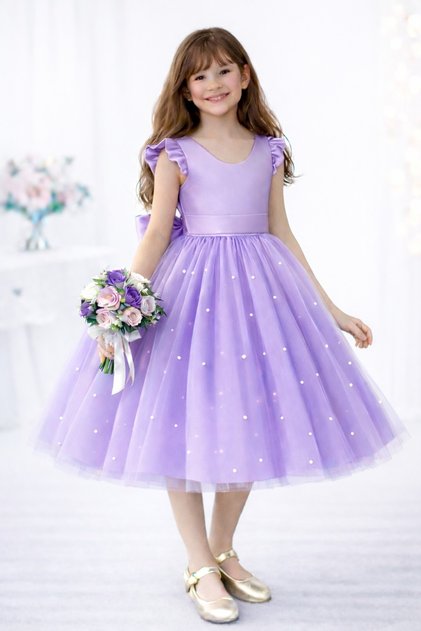 Girl's Lilac Ruffle Sleeve Dress with Pearls Graduation Birthday Special Occasion Evening Dress