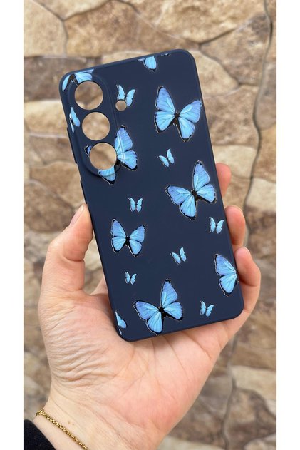 Samsung Galaxy S26 Compatible Blue Butterfly Patterned Silicone Shock-Absorbing Classic Protected Rubber Case