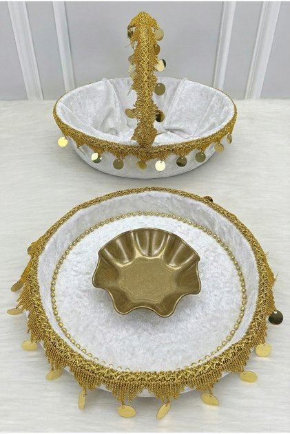 White Bridal Henna Night Tray and Basket, Gold Sequin and Guipure Lace Velvet , Wedding, Circumcision, Engagement, Promise