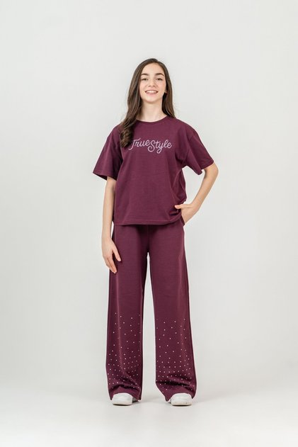 True Style Stone Printed Lower Double Leg Stone Printed Girls' Lower and Upper Tracksuit Set
