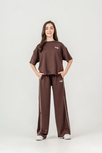 Pretty Embroidered Top Shoulder Piped Bottom Right Left Piped Left Leg Embroidered Girls' Bottom Top Tracksuit Set