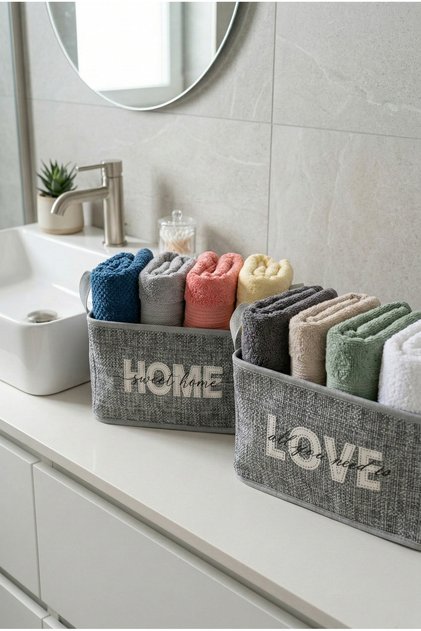 2-Piece Bath Towel Organizer Home & Love Printed Patterned Fabric | 2 Pieces | Steel Supported Organizer