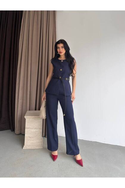 Premium Leather Belt Detail Gold Buttoned Vest - Trousers 2-Piece Set