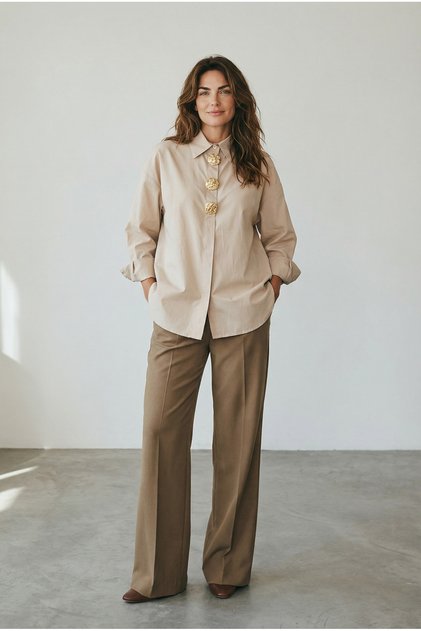 Women's Detachable Bronchial Detailed Long Sleeve Shirt - Beige