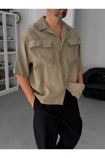 Khaki Double Pocketed Short Sleeve Shirt V-709