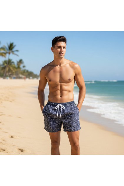 Men's Pocketed and Lined Sea Shorts Black Patterned Bb2366
