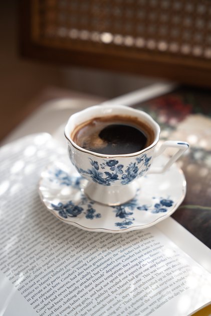 Double Vintage Blue Ç Floral Print Porcelain Turkish Coffee Cup Set