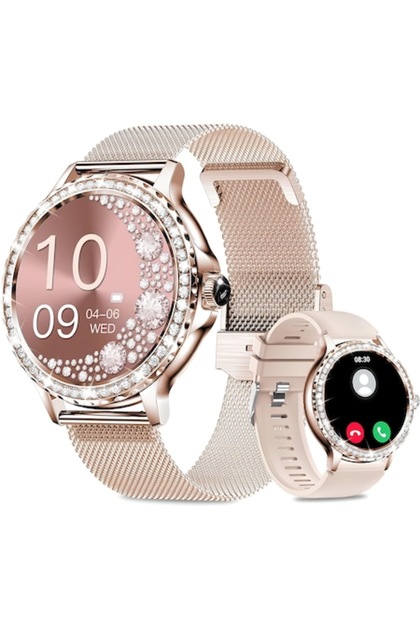 Ceas Smartwatch Femei , 1.3inch, Inteligent, Bluetooth, ritm cardiac și somn, 2 Curele, IP68, Auriu