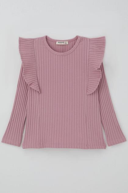 Girl's Long Sleeve T-Shirt with Ruffles, Ages 2-6, Dried Rose Color