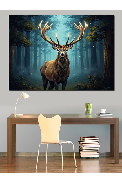 Pânză decorativă cu cerb nobil cu coarne în pădure cețoasă - Tablou din lemn MDF