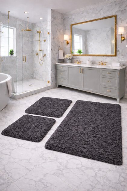 Plush , Pufy , Soft, Non-Slip Sole , Washable , 60X100-60X50-30X40 Cm, 3-Piece Bathroom Set