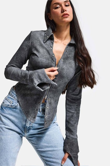 Graues w5 Crop-Top für Damen mit Reißverschluss und speziellem Design mit Drop-Detail
