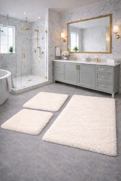 Plush , Pufy , Soft, Non-Slip Sole , Washable , 60X100-60X50-30X40 Cm, 3-Piece Bathroom Set