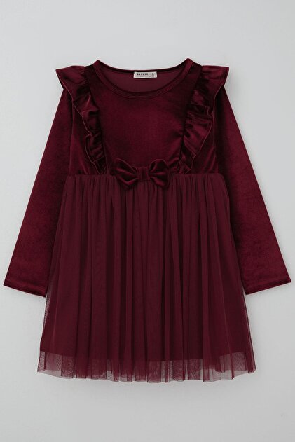 Breeze Girls' Long Sleeve Velvet Dress with Bow Accessories, Tulle Piece  Ruffle, 4-8 Years, Burgundy- Trendyol