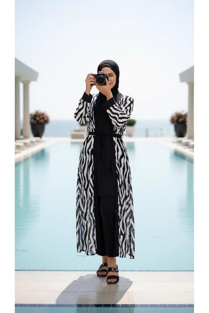 Hijab Siyah Beyaz Desenli Tesettür Mayo Takım Kimono Pareo 4 lü set