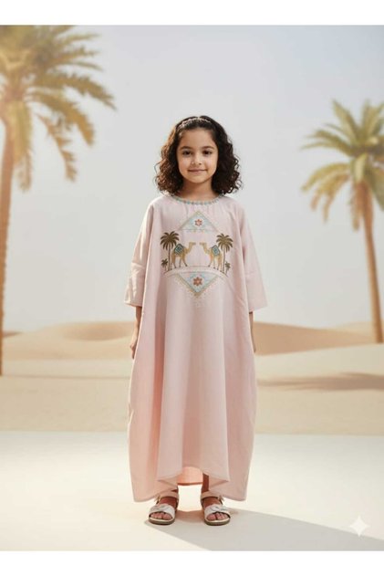 Rayon Kids Jalabiya, Beige Camel & Palm Embroidered, High Round Neck