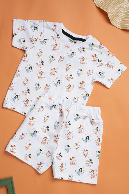 White summer set with colorful "fairy" prints - 2 pieces