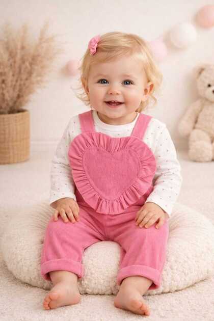100% Cotton Piece Holiday Set Corded Fabric Velvet Ruffled Heart & Long Sleeve Bodysuit 2-Piece Baby Girl Salopet Jumpsuit